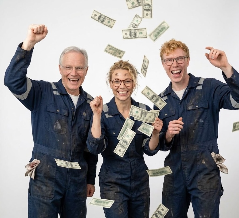 Auto body shop team celebrating referral earnings with PayoutJet