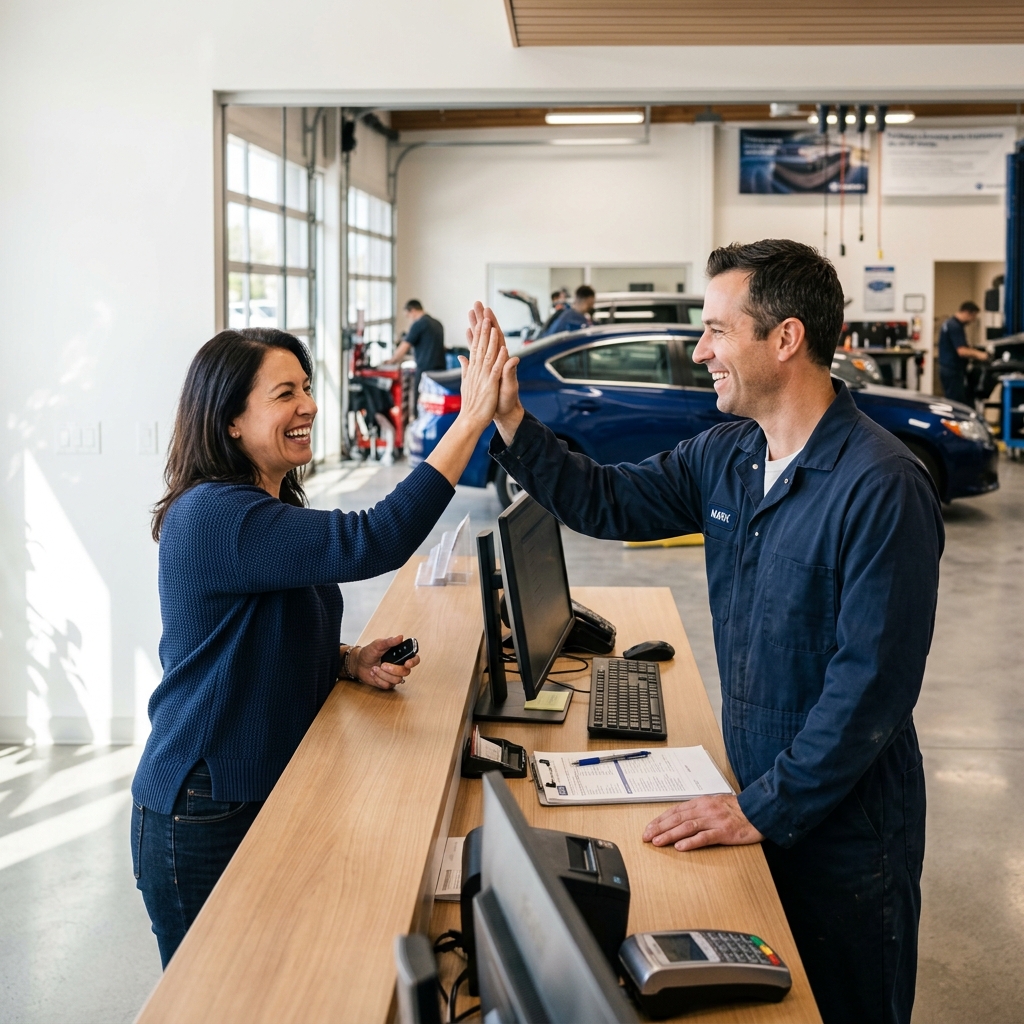 Customer and auto body repair shop owner celebrating diminished value claim recovery at vehicle pickup